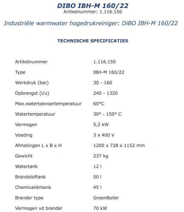 Dibo IBH-M 160/22  Warmwaterhogedrukreiniger