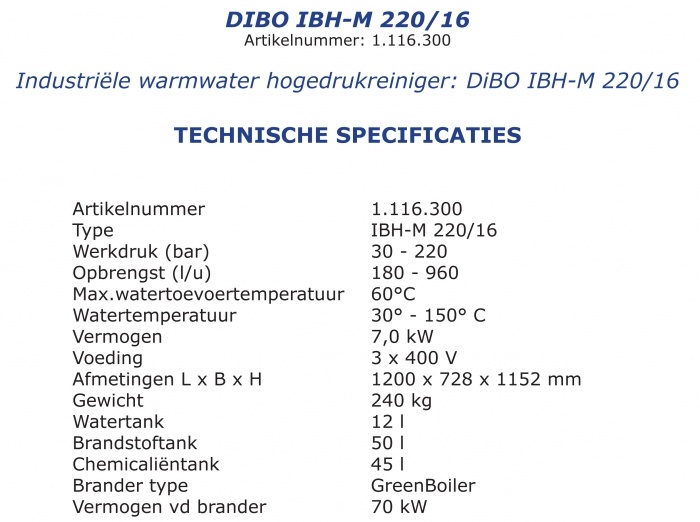 Dibo IBH-M 220/16  Warmwaterhogedrukreiniger