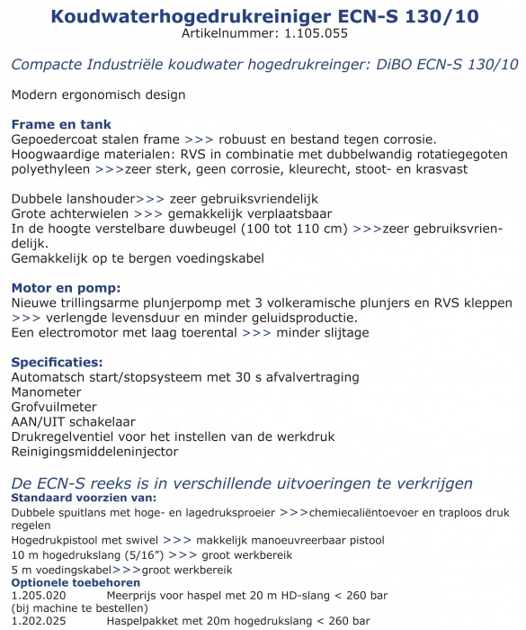 Dibo ECN-S 130/10  Koudwaterhogedrukreiniger
